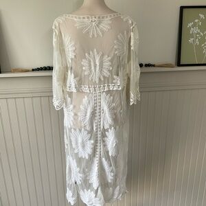 POL Boho White Embroidered Lace Duster Cardigan One Size Cotton Floral Sheer